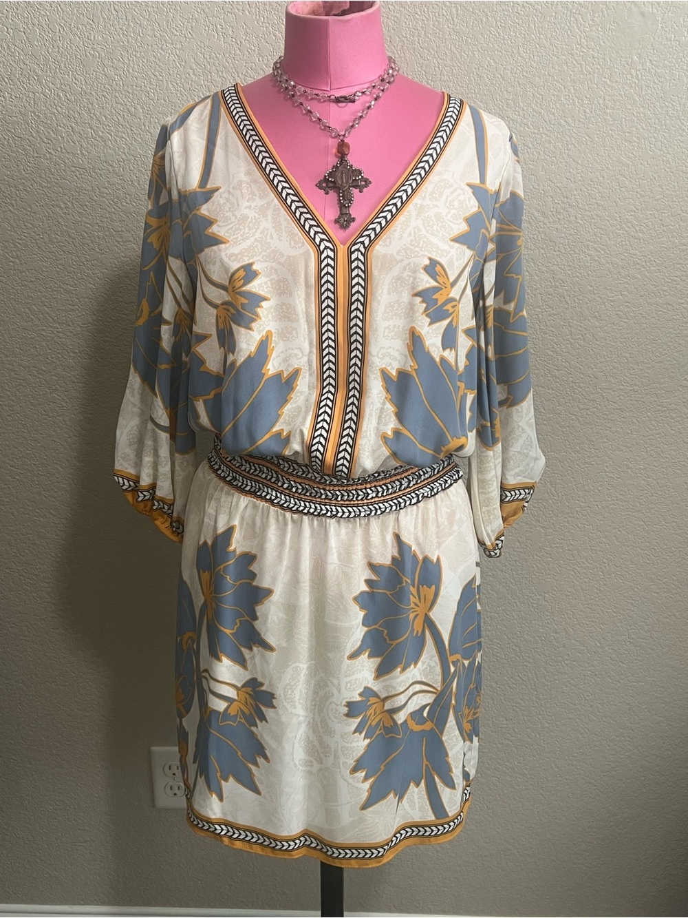 White House Black Market Cream Dress with Mustard Trim